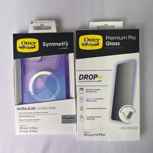 OtterBox Symmetry MagSafe Case & Privacy Glass Bundle iPhone 15/14 Plus Purple